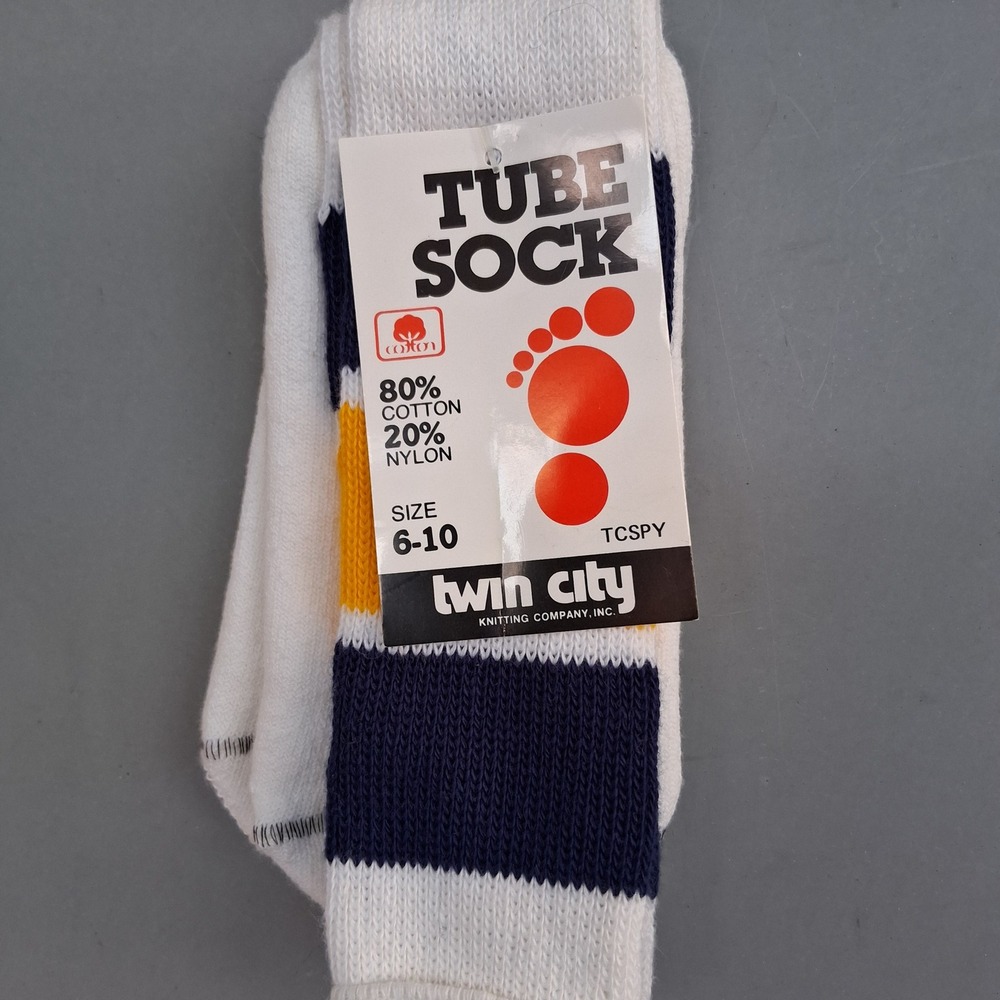Vtg NOS Deadstock Twin City White Navy Gold Striped Boys Tube Socks 6-10 USA
